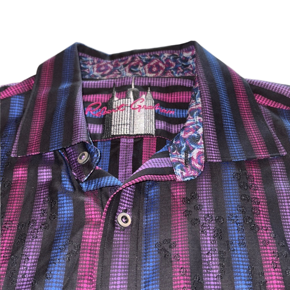 Robert Graham Men’s XL Striped Long Sleeve Button-Up Shirt – Purple Blue Black